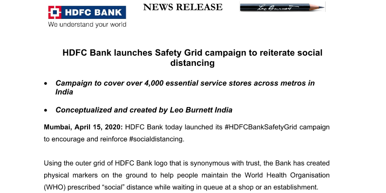 HDFCBankNews's tweet photo. .@HDFC_Bank launches #SafetyGrid campaign conceptualised and created by Leo Burnett India to encourage and reinforce #SocialDistancing. This campaign will cover over 4,000 essential service stores across metros in India.
@LeoBurnettIndia #IndiaFightsCorona https://t.co/UonOO6rtGm