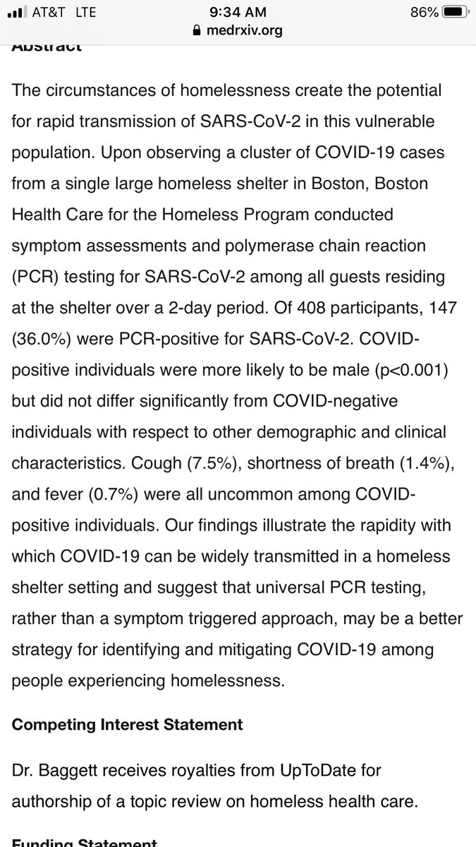 AlexBerenson's tweet photo. 1/ Wow. Stunning finding out of Boston. Researchers tested 408 homeless people for #SARS_COV_2. 147, or 36%, had the virus. BUT NEARLY ALL WERE ASYMPTOMATIC - only one had a fewer and two had shortness of breath. https://t.co/bjMPJVdcwN