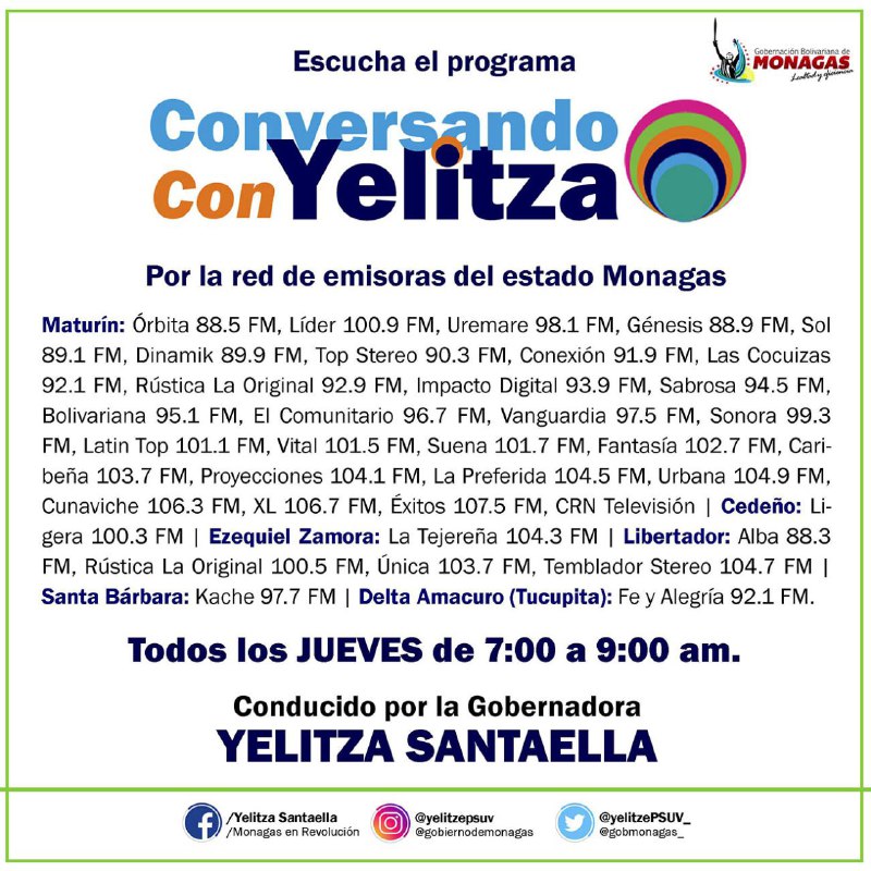 gobmonagasve's tweet photo. #ConcienciaYCompromiso

No te pierdas este y todos los jueves el programa #ConversandoConYelitza, conducido por nuestra gobernadora Yelitza Santaella, con las orientaciones, anuncios e informaciones de interés para todo el pueblo de #Monagas | #Maturin

@yelitzePSUV_ https://t.co/Q0o12qs5iE