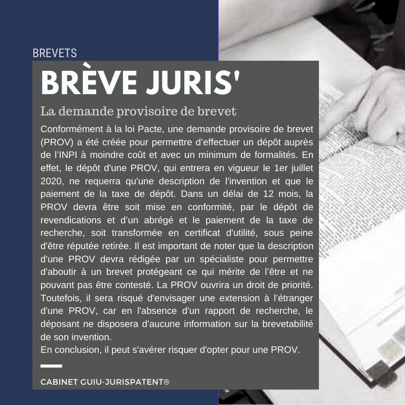🔔💡NOUVELLE BRÈVE JURIS' BREVET !!! 
Sujet de la semaine : La demande #provisoire de #brevet ⤵️⤵️⤵️

Pour ne rien rater, abonnez-vous à notre page LinkedIn Entreprise ou connectez-vous sur notre site internet: jurispatent.com 

#brevet #loipacte #pi