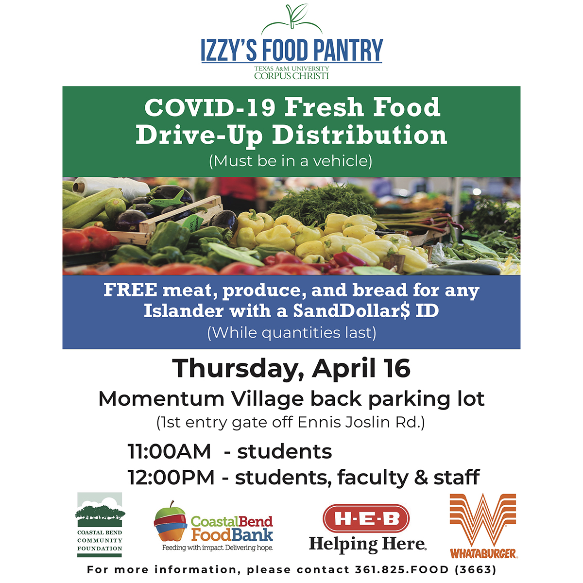 This Thursday, students and staff will have drive-up access to fresh food on campus. 🍎 🥦 🤙 #tamucc FMI: 361-825-FOOD (3663)