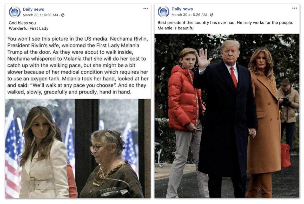 Oddly, that account mostly posted anti-US memes, but it did insert a couple of praise posts about the U.S. President and his wife, um, "Melanie". Trying to reach a pro-Trump audience?