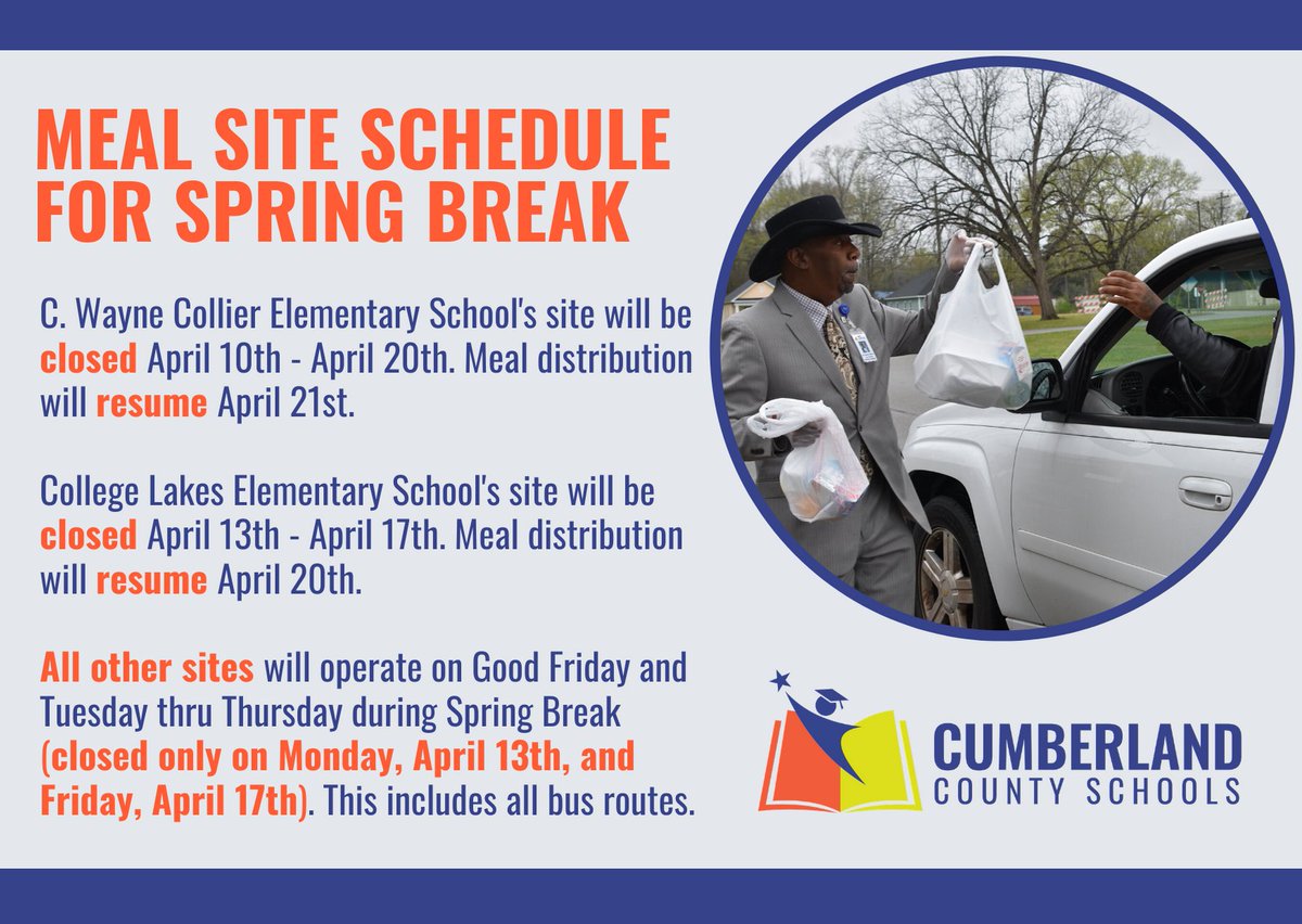 CumberlandCoSch's tweet photo. During Spring Break, curbside meal pick-up and yellow bus drop-off locations will operate on an alternative schedule. To view all curbside meal pick-up and yellow bus drop-off locations, visit: https://t.co/8LYlroxqrs. https://t.co/AjGjzFTS7B