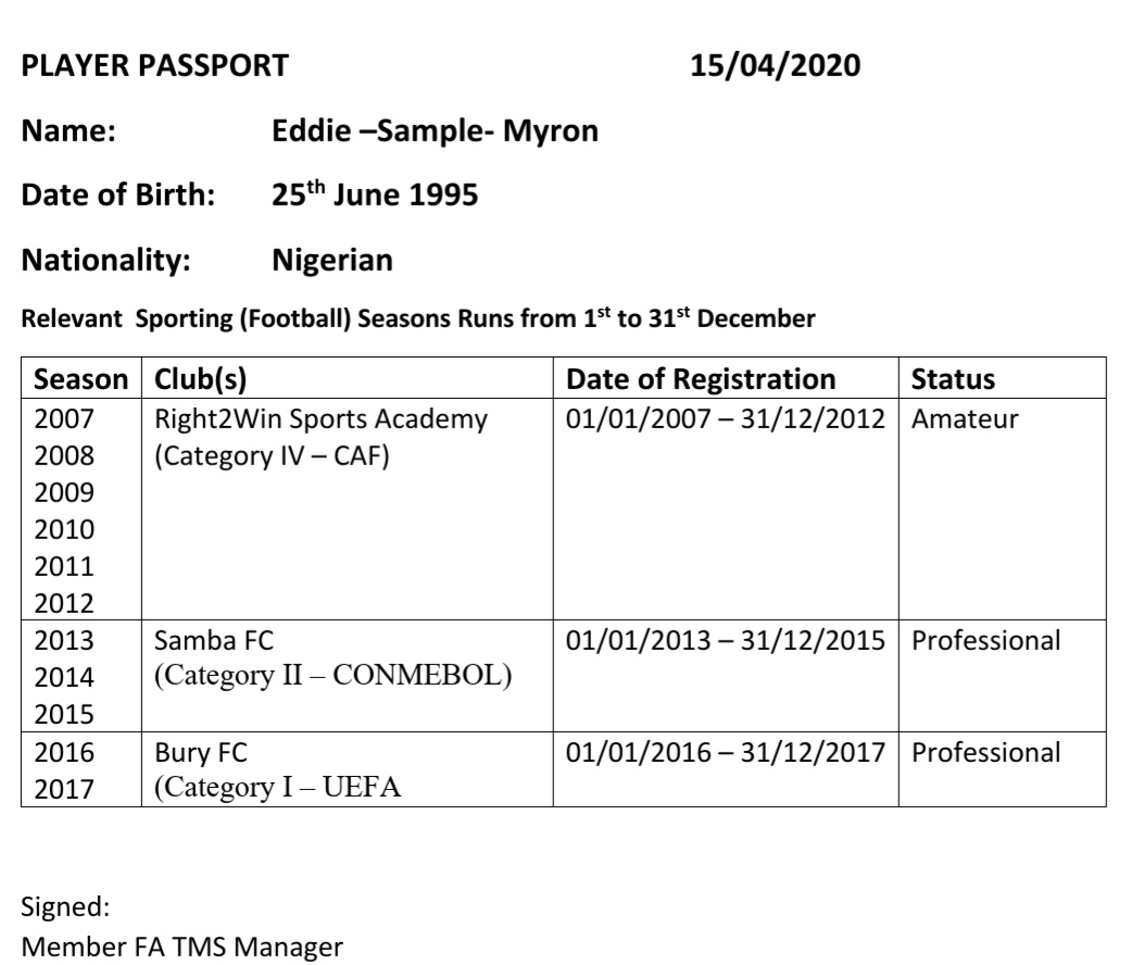 A player’s passport contains the relevant details of the player. The player passport shall indicate the club(s) with which the player has been registered since the season of his 12th birthday. below is Eddie's Sample Passport #Right2WinSeries34