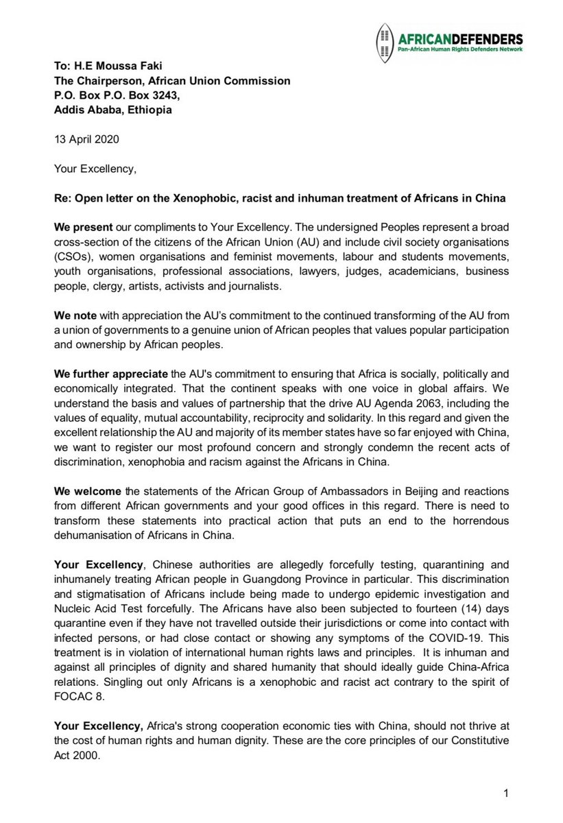 chapterfourug's tweet photo. OPEN LETTER: Chapter Four, in partnership with @AfricaDefenders and close to 1000 organisations across #Africa, urge the @_AfricanUnion to demand for independent investigations into xenophobic attacks against Africans in #China. https://t.co/PqAZkfwhQQ https://t.co/Vht92h1HoU