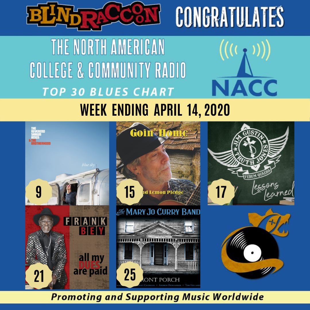 🎉Congratulations to the Blind Raccoon artists appearing on the NACC 🔹Top 30 Blues Chart🔹for the week ending April 14, 2020! @therevamos #blindlemonpledge <a href="/jimigust/">jim gustin</a> <a href="/FrankBey2/">Frank Bey</a> #maryjocurryband