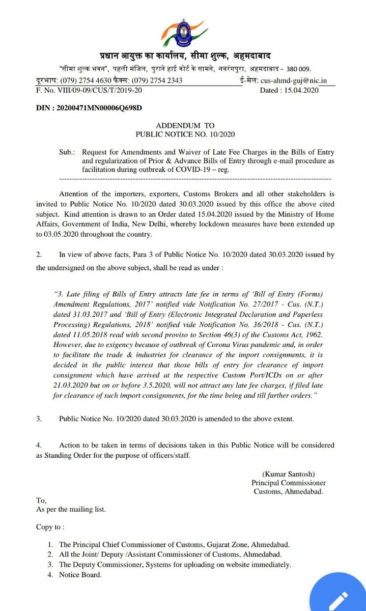 Extension of Public Notice No 10/2020 to waive late fee charges to facilitate the Trade &amp; Industries during extended lockdown up to 3.5.2020

<a href="/cbic_india/">CBIC</a>
<a href="/FinMinIndia/">Ministry of Finance</a> #IndianCustomsAtWork
#IndiaFightsCorona