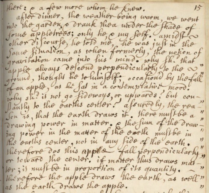 'After dinner, the weather being warm, we went into the garden and drank thea, under the shade of some apple trees.' Isaac Newton met with the writer William Stukeley #OTD in 1726, recounting a story of a falling apple that Stukeley would later publish. ttp.royalsociety.org/ttp/ttp.html?i…