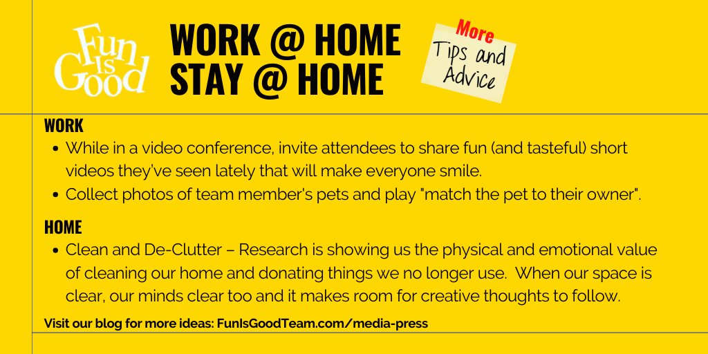 Here are a few MORE tips from Fun Is Good while you are stuck at home.  #FunIsGood #FunIsGoodTeam #Creativity #Innovation #Laugh #Leadership #Passion #Fun #Change #Fear #NeverGiveUp bit.ly/3aIbaT8