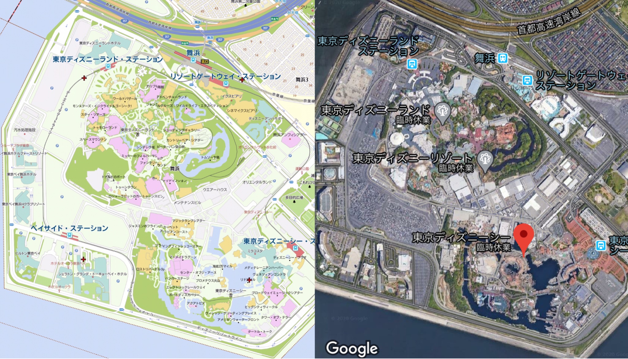 治田 洗礫 19 昭和58 年4月15日 東京ディズニーランドが開園した 01 平成13 年9月4日には東京ディズニーシーもオープンした 開園前の1979 昭和54 から現在までの変遷を空中写真で追い 現在を地理院地図とマピオン地図 グーグルアース航空写真で