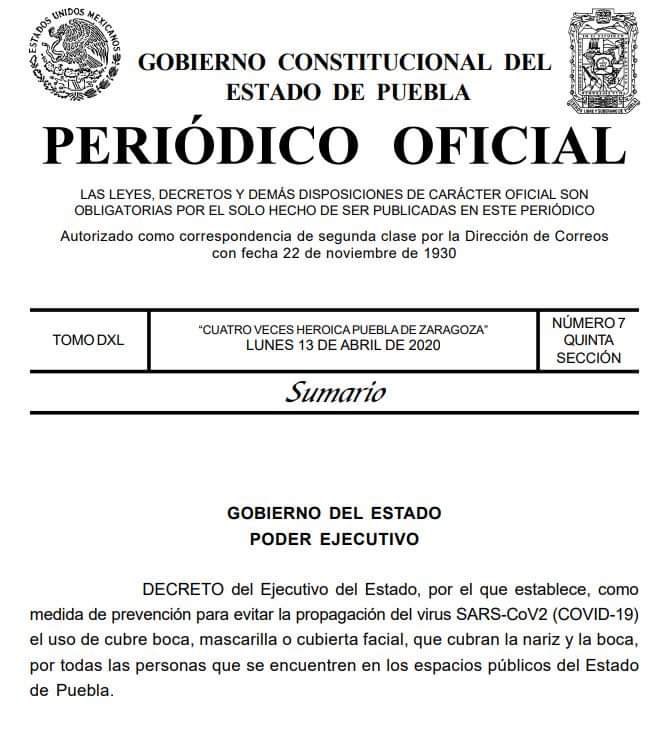 FerCanalesF's tweet photo. #Puebla | Se publica decreto por el cual las y los poblanos que se encuentren en los espacios públicos del estado de Puebla, usen cubrebocas, mascarilla o cubierta facial, que cubran nariz y boca. Con esta medida el gobierno del estado busca evitar la propagación del Covid-19. https://t.co/Wjsp0rmUuc