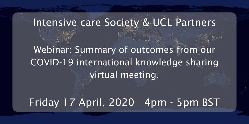 The <a href="/ICS_updates/">Intensive Care Society 💙</a> &amp; <a href="/UCLPartners/">UCLPartners</a> brought together 🇬🇧🇩🇪🇨🇳🇪🇸🇮🇹🇫🇷🇺🇸🇩🇰🇶🇦 clinicians &amp; <a href="/WHO/">World Health Organization (WHO)</a> for the first #COVID19 international knowledge sharing virtual meeting.

We're hosting a free webinar on Fri 17 April, 4-5pm (BST) to share the learning with you.

Book👉bit.ly/3bcw3Gq
