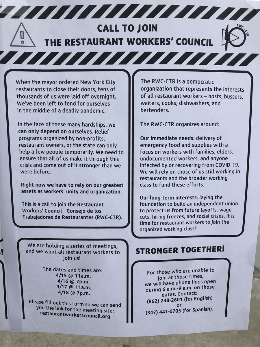 PartsofHow's tweet photo. A flyer from @rwc_ctr , organizing NYC restaurant workers. “Call To Join The Restaurant Workers Council”: https://t.co/XbrYoHFKV2 . Best wishes to everyone. https://t.co/mXDFsNv9CF