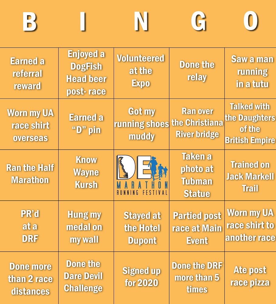 DEMarathon's tweet image. It's time to play Delaware Run Fest BINGO!
Let's see how much you love the Delaware Running Festival and how many things you can cross off! Screenshot and share your score in the comments!