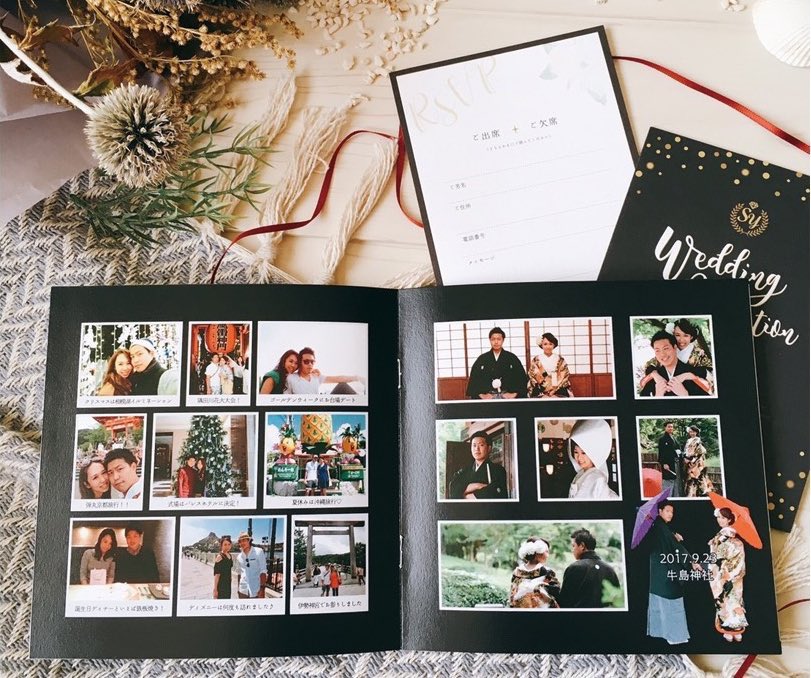 Hoshino_Rina_'s tweet image. こちらは雑誌風じゃなくてパンフレット風のプロフィールブック。新婚旅行で訪れたハワイの思い出を紹介しました〜！ 正方形の冊子も可愛いよねえ。席次は入れ込まずに別添えの二つ折りです。
〆切やばくて朝までデザイナーとファミレス作業したの懐かしいな……
#profilebook #AimerDesign