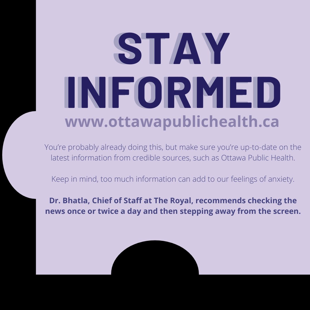 difdroyal's tweet photo. Puzzle piece #4: Stay informed!
💜📰🌐
Check credible news sources, like @ottawahealth, once or twice a day, then step away from the screen. There comes a point when binging the news will only add to our feelings of anxiety.
#DIFD #CommunityPuzzle https://t.co/KH3h4lD6we