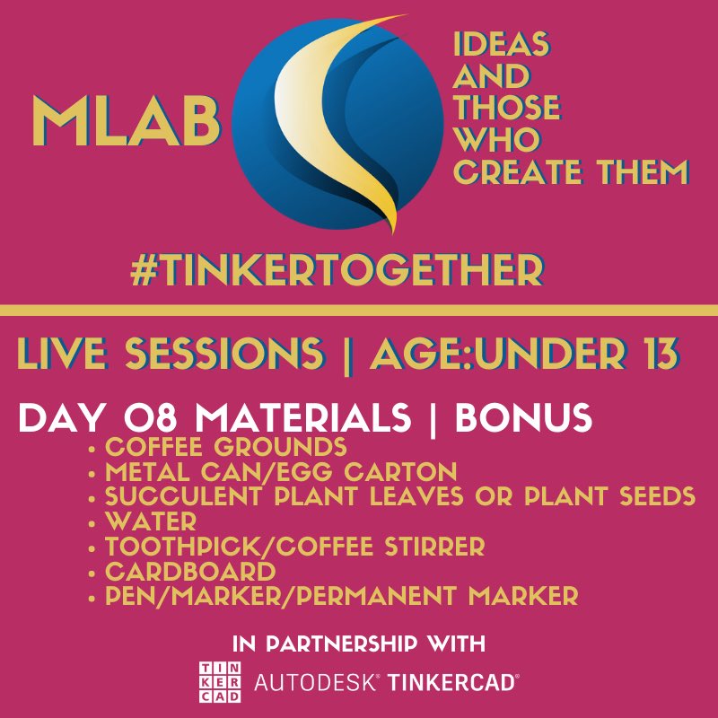 It’s almost time for our Morning Session of our MLAB (<a href="/Mbadika/">Mbadika</a>) x <a href="/tinkercad/">Tinkercad</a> #TinkerTogether Webinar!

Today, we’re transforming our CAD Model of our Garden Bed into a real-life prototype using items from around the home.

Join Us! autode.sk/STEAM1

#BLACKandSTEM #StayHome