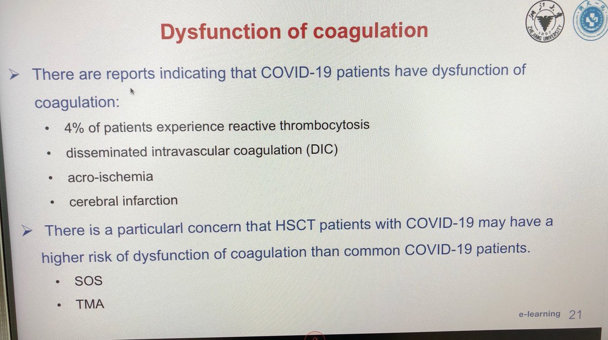  #COVID19BMT  @ASTCT  @TheEBMT webinar  #BMT  #CellTherapy: Dr Huang - in BMT pts with  #COVID19, remember risk of coagulopathy (VOD and TMA), and see below for their discharge plan and followup