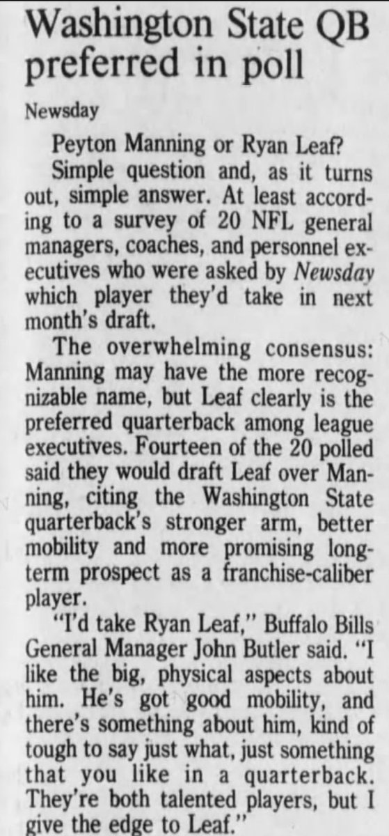 Peyton Manning/Ryan Leaf (1998)The Buffalo News article with the headline “Colts may like Manning's Head, But Leaf's Arm Will Capture Their Hearts" is the best of the bunch, but there are some other good ones here...