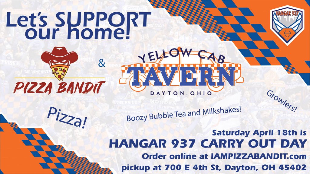Hangar937's tweet photo. Come support our Dayton home for @fccincinnati this Saturday! We 🧡 @YellowCabTavern! https://t.co/ydCQGeFSZD