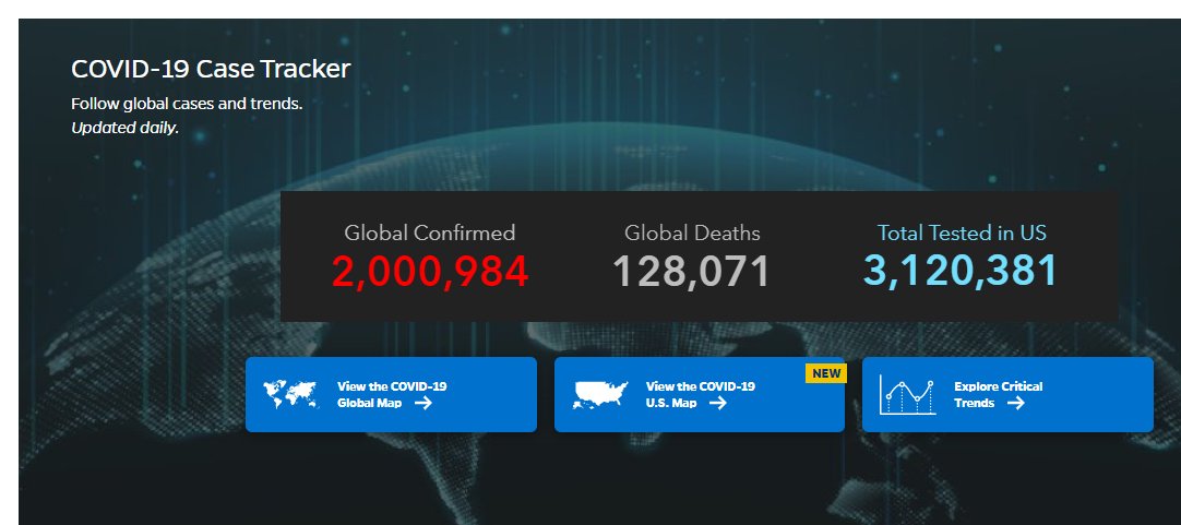 CBCAlerts's tweet photo. A respected U.S. website that has been tracking coronavirus cases around the world, operated by Johns Hopkins, has just passed the two-million mark. It shows 2,000,984 confirmed cases with 128,071 deaths globally. https://t.co/h1pN7wokBW