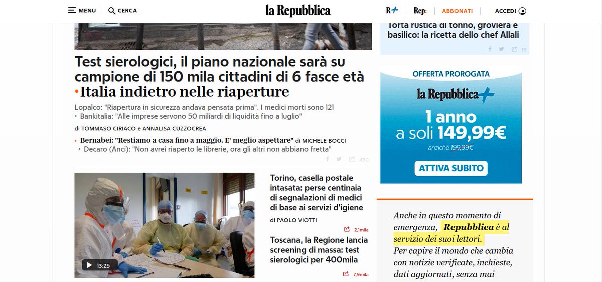 chdamasco's tweet photo. Homepage di @repubblica . Ora. Il piano nazionale Covid-19 sarà su 150.000 cittadini. Contemporaneamente, la Regione Toscana ne screenerà 400.000. Non sarebbe meglio coordinare gli interventi? @RobertoBurioni https://t.co/i482IQbQ8A