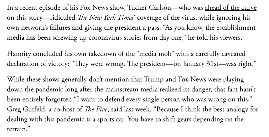 Meanwhile, on Fox News, Trump's allies are staying (cautiously) on message:  https://www.theatlantic.com/politics/archive/2020/04/trump-coronavirus-message/610009/