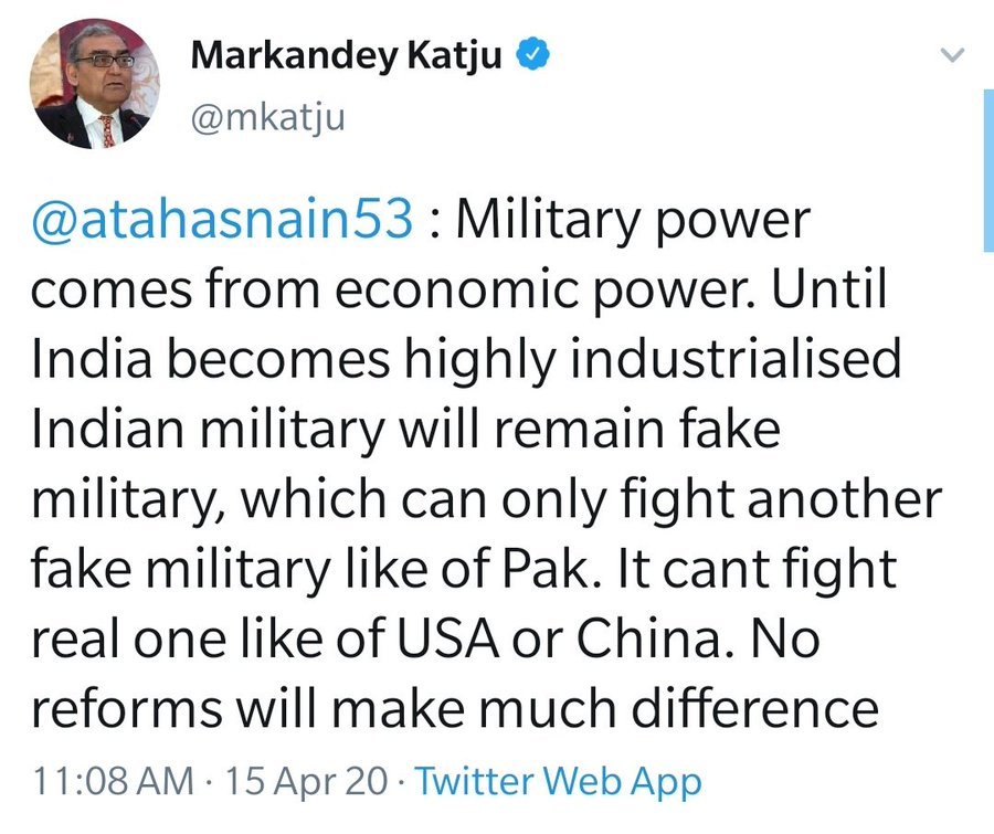 1So, Shri Katju ji offered this piece of gyan to General Ata Hasnain some time ago.He talks about two 'real' militaries - American and Chinese.Let me share some thoughts about them, focussing mostly on the Chinese who are an immediate threat.
