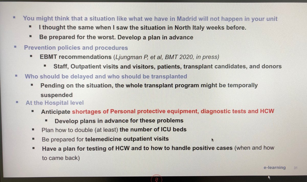  #COVID19BMT  @ASTCT  @TheEBMT webinar  #BMT  #CellTherapy: Dr de la Camara - "Be prepared for the worst, develop a plan in advance" - don't be under illusion you will not be impacted; another key point - test patients  #COVID19 before admitting to transplant ward