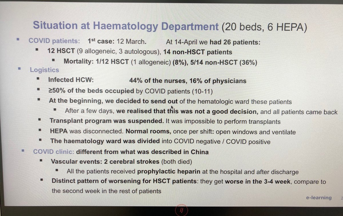  #COVID19BMT  @ASTCT  @TheEBMT webinar  #BMT  #CellTherapy: Dr de la Camara - see below for Spain experience - struck by low  #COVID19 infection rate in  #BMT patients (likely secondary to infection precautions that are routine for our patients); also note late occurrence of symptoms