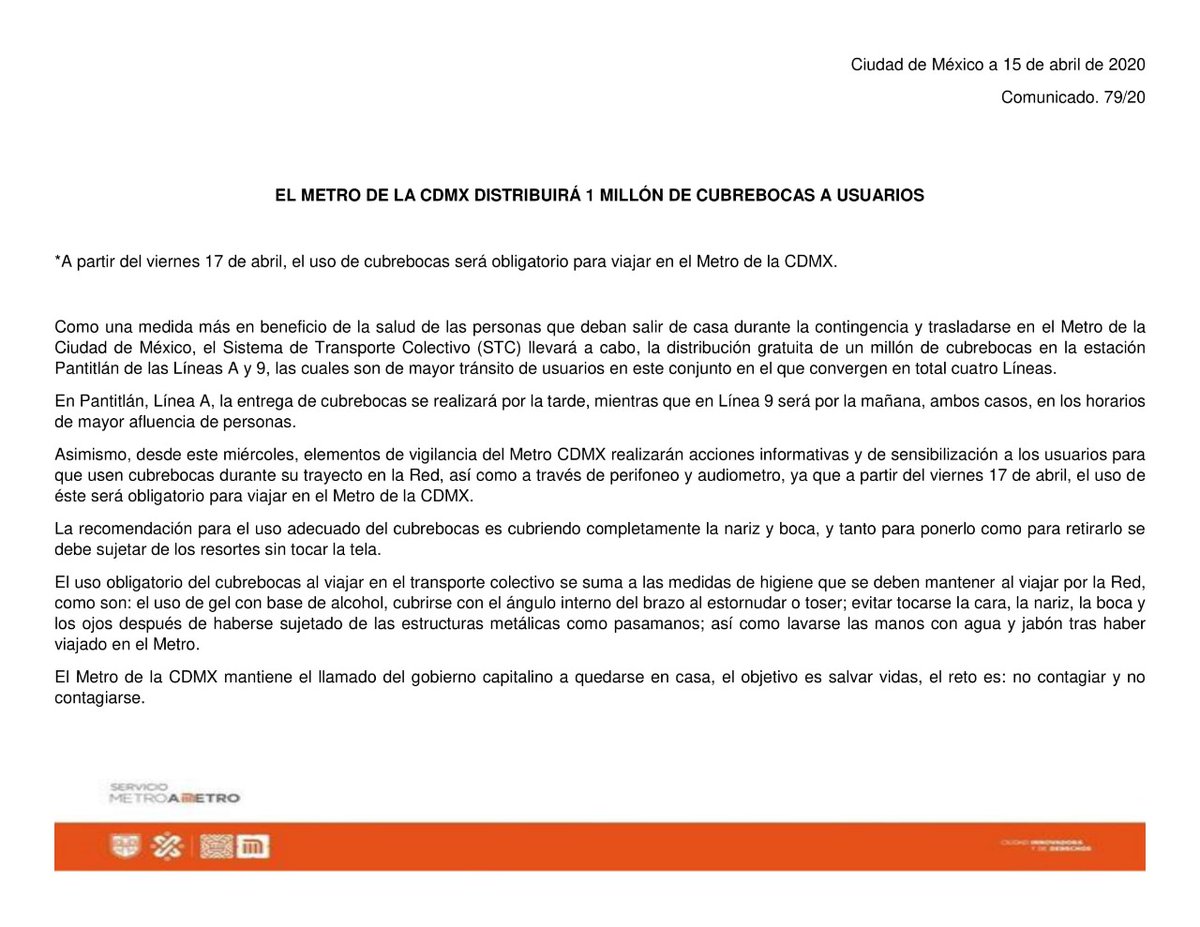 #AvisoMetro: A partir del viernes 17 de abril, el uso de cubrebocas será obligatorio para viajar en el Metro. #PrevenirEsProteger #SalvaVidas
