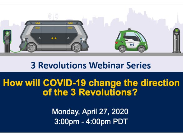 NCST_Research's tweet photo. How will COVID-19 change the directions of the #3Revolutions in transportation? Join our webinar panelists on 4/27: @ucdavis Professor @DanSperling_ITS, @UCBerkeley Professor @SusanShaheen1, &amp; LADOT’s Seleta Reynolds. Register: https://t.co/J70FhHtAmy @3Rev_ITSDavis @BerkeleyITS https://t.co/iVW7fog0hc