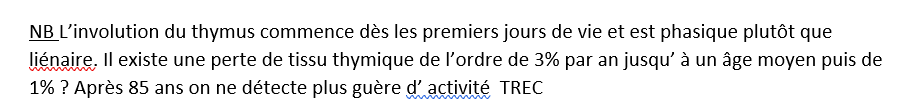 73/n Ce vieillissement commence aux premiers jours de vie, il évolue de manière phasique et est apparent par l'atrophie du thymus qui se déstructure et est envahi par des adipocytes (tissu graisseux) et des fibroblastes (fibrose).  https://onlinelibrary.wiley.com/doi/epdf/10.1002/jmv.1890130208