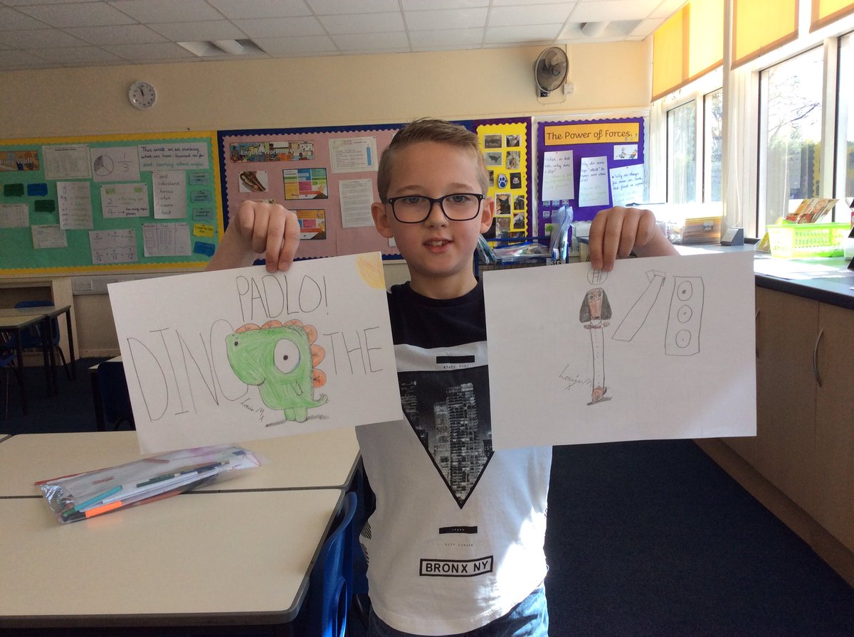 SawleyJuniors's tweet photo. The three children in today have been very busy. Besides gardening, digging and making a wormery, we have been drawing with @RobBiddulph via his YouTube channel. Here are the results. Well done you three!
#drawwithrob #Gregosaurus #Sausagedog https://t.co/HpDfy2EKE2