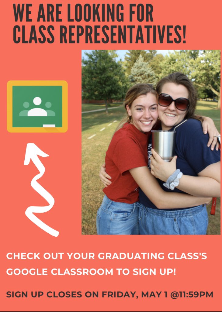 We need Class Representatives for the 2020-2021 school year! If you are interested check out your graduating class’s Google Classroom to apply! Sign ups will close Friday, May 1 @ 11:59 pm!