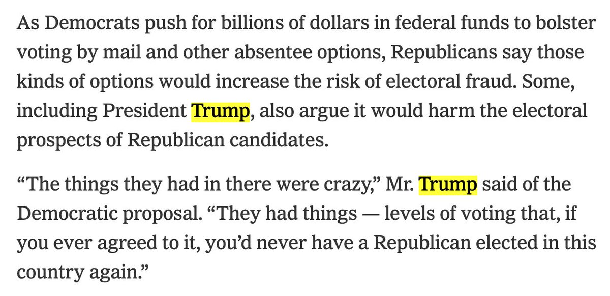 Prior to the April 7th election. Trump repeatedly claimed that mail-in-ballot elections are ripe with fraud and should not be allowed, despite him and his wife voting absentee. /8  https://www.nytimes.com/2020/04/0...