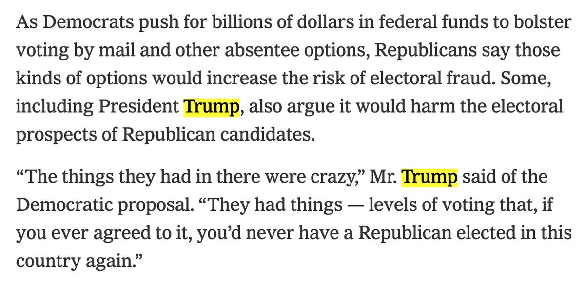 Prior to the April 7th election. Trump repeatedly claimed that mail-in-ballot elections are ripe with fraud and should not be allowed, despite him and his wife voting absentee. /8  https://www.nytimes.com/2020/04/06/us/politics/on-politics-wisconsin-coronavirus.html