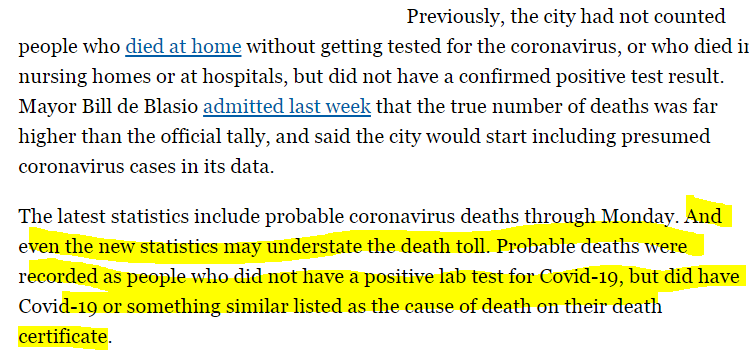 Good that New York City is belatedly *beginning* the incomplete process of updating their statistics; crazy that just recently death certificates would mention "COVID" & yet the deaths had been excluded from the stats "data analysts" trumpet. https://www.politico.com/states/new-york/albany/story/2020/04/14/new-york-city-coronavirus-death-toll-jumps-by-3-700-after-uncounted-fatalities-are-added-1275931