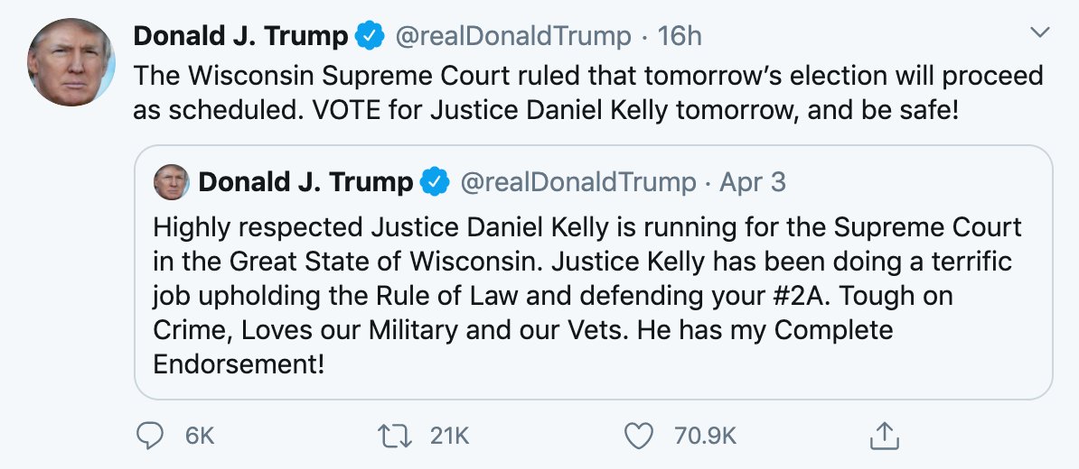 On April 6th, at his nationally televised press conference, Trump reiterated his support for Kelly. The next day, he tweeted three times encouraging people to go to the polls to vote for his chosen candidate. /10  https://www.nytimes.com/2020/04/13/us/politics/wisconsin-primary-results.html