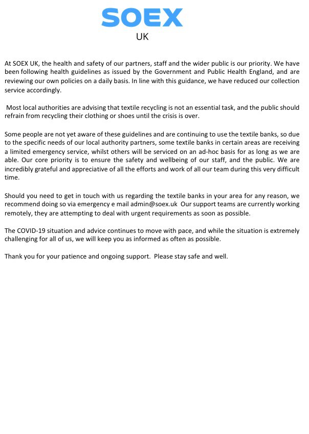 SOEX U.K. are providing a reduced service to ensure the safety of our staff, whilst providing support to our partners where required. Enormous thanks to the drivers and operational team who ensure banks are serviced and clean, keeping sites clear from over spills and fly tipping.