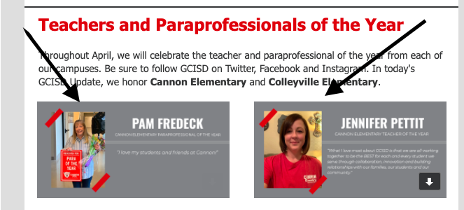 Brenda_Milum's tweet photo. Look who was featured today on the GCISD updates! Our TOY and POY!! Miss seeing you! @pettit73 @canSTEM #BeCannonProud https://t.co/a35TZqvR3n