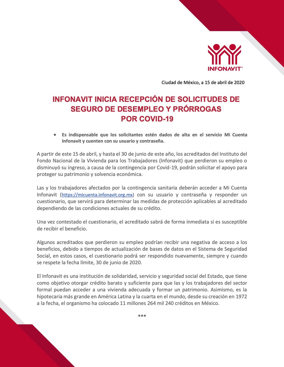Infonavit's tweet image. A partir de hoy están disponibles las solicitudes para las medidas de protección ante el COVID-19. Podrás llenar el cuestionario hasta el 30 de junio, desde Mi Cuenta Infonavit.