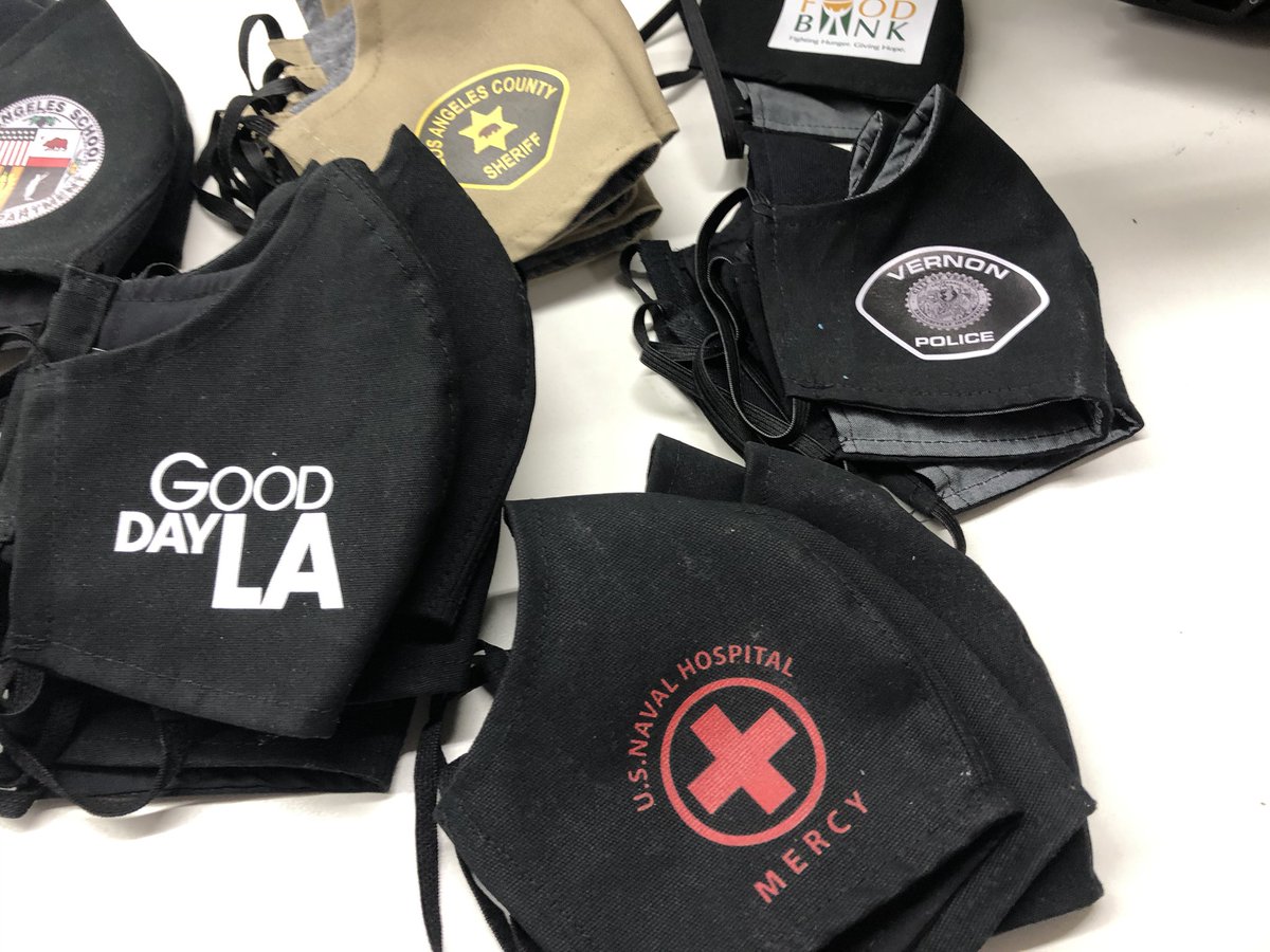 bobbydtv's tweet photo. Local Restaurant uniform company @NEWCHEFinc manufacturing thousands of masks  for frontline and essential workers - these have filters and logos! Heroes Among Us @FOXLA @GDLA https://t.co/OyMpg1KnqD