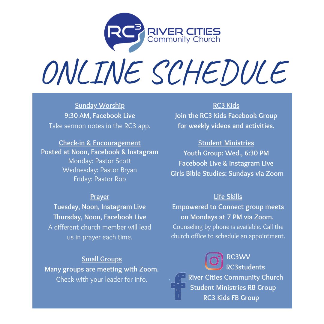 RC3WV's tweet photo. Screenshot so you’ll know how to stay connected. PTL that the church is not a building but a people! So we'll continue to worship, learn, fellowship, &amp; grow together &amp; carry out our mission to help people take their next steps in Christ. #RC3WV #onlinechurch #nextsteps https://t.co/SWvS4LckGE
