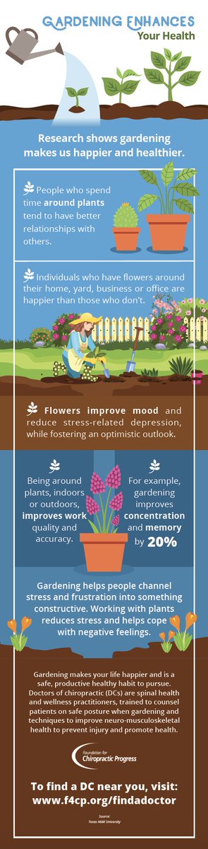 F4CP's tweet image. Enhance your health through gardening. Your doctor of chiropractic can provide safe posture techniques to prevent injury and promote health so you can remain active.
#ThinkChiropractic