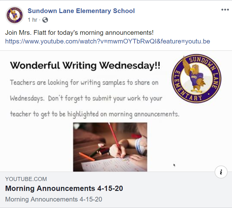Good morning, Sundown Lane!!🌞💜 Sharing morning announcements on Facebook. #cisdrocks #sdlhawkstrong