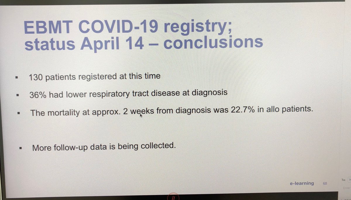  #COVID19BMT  @ASTCT  @TheEBMT webinar  #BMT  #CellTherapy: Dr Ljungman shares preliminary (emphasis) experience with data on transplant  #COVID19 patients submitted to EBMT registry - high incidence of lower resp infection at diagnosis and high mortality in  #Allo BMT patients