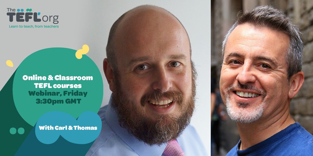TEFLOrg's tweet photo. Join Carl &amp; Thomas this Friday at 3:30pm GMT for a webinar about classroom &amp; online #TEFL courses

Ever wondered about what's involved in studying online? Or what happens during a classroom course? Carl &amp; Thomas will be explaining it all! 

Sign up here 👉 https://t.co/FYcpvrzJht https://t.co/tDrjQdzgej