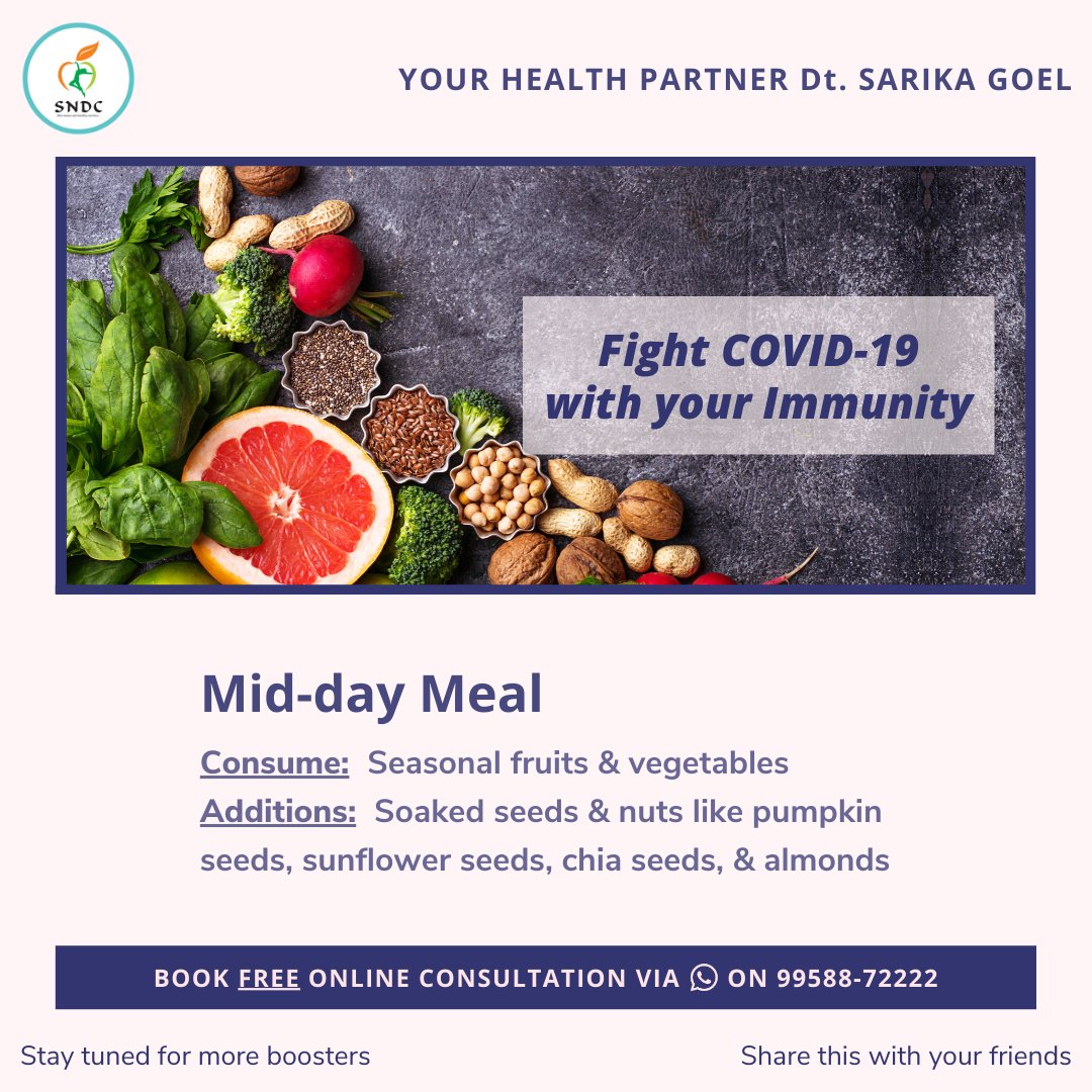 Share this helpful tip with your friends.
.
Book FREE online consultation with your Dietician Sarika Goel at 99588-72222
.
#middaymeal #middaymeals #midmeal #sarikagoel #sndc #dieticiansarikagoel #dietchart #dietplan #fruitsandvegetables #fruitchart #lockdown2 #lockdownrecipes
