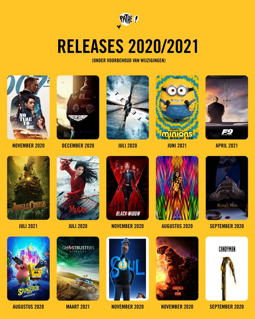 Pathenederland's tweet photo. Jullie hebben vast gezien of gehoord dat veel films zijn verplaatst naar een nieuwe datum vanwege de omstandigheden rondom het coronavirus. Dit zijn op dit moment de nieuwe data van een aantal grote films!👌 #pathe #releasedata #bioscoop https://t.co/UdvYSXEpfK